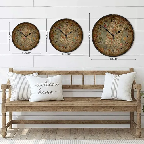 Miniatura 8 de Reloj de pared de madera de 10 pulgadas, silencioso, fácil de leer, estilo vintage, mapa del viejo mundo, reloj redondo de madera, estilo rural