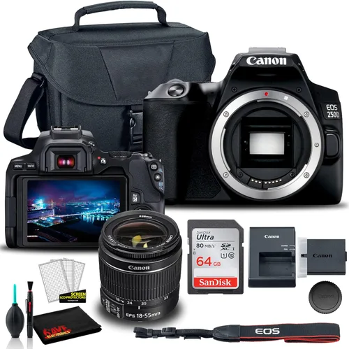 Canon Cámara DSLR EOS 250D con lente de 0.709-2.165 in (negro) (3453C002), bolsa EOS, tarjeta Sandisk Ultra de 64 GB, juego de limpieza y más