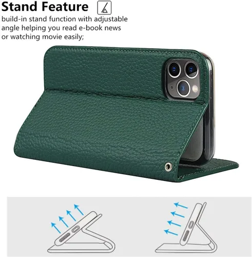 Miniatura 6 de iCoverCase Compatible con iPhone 11 Pro Max, funda magnética de piel auténtica con bloqueo RFID, correa para la muñeca y ranuras para tarjetas, Verde