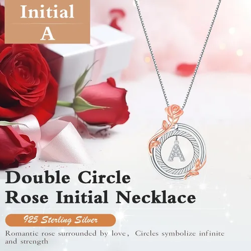 Miniatura 2 de RIVIKO Regalos de San Valentín para ella, collares de plata esterlina 925 con inicial de círculo de rosas, collares con dije de letra inicial