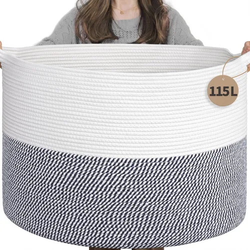 Miniatura 29 de INDRESSME Cesta de Cuerda de Algodón XXXLarge 21.7" x 21.7" x 13.8" Cestas Tejidas para Ropa de Bebé Cestas de Mantas Cesta de Juguetes con Textura