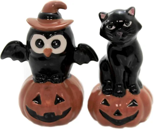 Juego de salero y pimentero de cerámica fina para Acción de Gracias, Halloween, gato negro y búho en calabaza, 3-3/4 pulgadas de alto