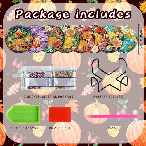 Miniatura 2 de Denylo pro 8 piezas de kits de posavasos de arte de diamante de calabaza de otoño con soporte DIY arte de diamante de calabaza de otoño posavasos