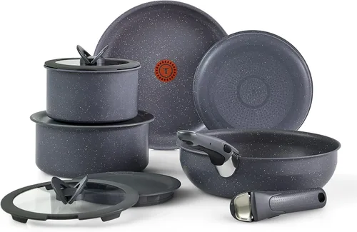 T-fal Ingenio Essentials - Juego de utensilios de cocina con mango desmontable/extraíble de 11 piezas, granito titanio antiadherente, apto para Gris
