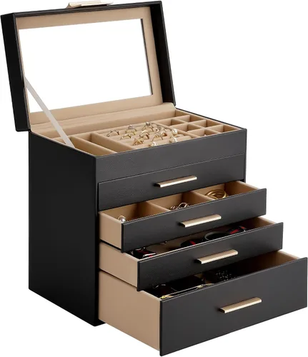 Miniatura 8 de Caja de joyería Somduy, caja de exhibición de joyería de 5 capas con tapa de vidrio para mujeres, 4 cajones, de gran capacidad para collares