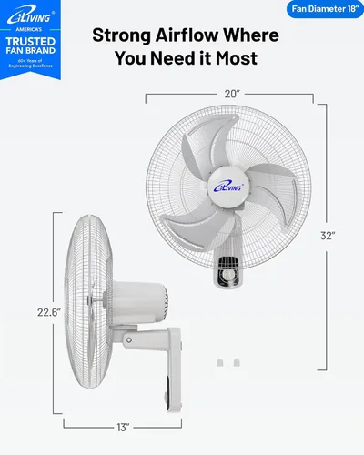 Miniatura 2 de iLiving Ventilador oscilante de montaje en pared con inclinación ajustable, 18 pulgadas, 3 velocidades, rejilla y hoja de metal, oscilación de 90