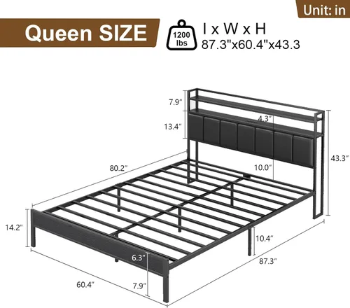 Miniatura 2 de Marco de cama tamaño twin con estación de carga y luces LED, marco de cama de metal con cabecero, cabecera tapizada negra con estantes