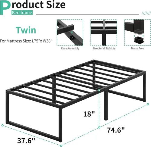 Miniatura 2 de Lutown-Teen Marcos de Cama Plataforma Individual de 18 Pulgadas de Metal Resistente Sin Necesidad de Somier, Sin Ruido, Fácil Montaje, Negro
