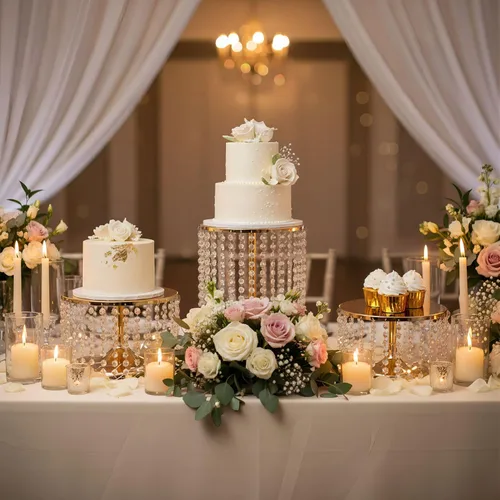Miniatura 2 de Bigsee Juego de 3 soportes para pasteles dorados, soporte de pastel de metal con espejo, pedestal de pastel con colgantes de cristal y cuentas