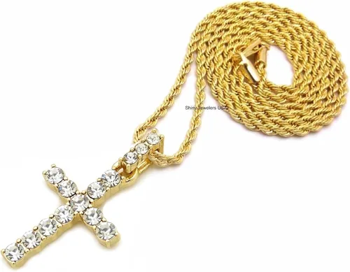 Miniatura 3 de Shiny Jewelers USA Collar de cadena cubana para hombre, diseño de micro cruz de oro