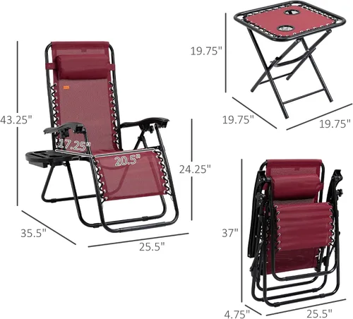 Miniatura 7 de Outsunny Juego de sillas Zero Gravity con mesa auxiliar, silla reclinable plegable con portavasos y almohadas, sillas de salón ajustables para Rojo