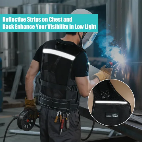 Miniatura 7 de MELOTOUGH Chaleco de herramientas para hombre con bolsillos y cinturón, chaleco de seguridad ajustable de múltiples bolsillos para electricista