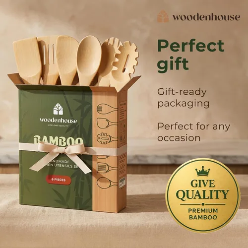 Miniatura 8 de Bamboo Wooden Utensil Set, 6 Pcs - Nonstick Safe & Heat-Resistant Bamboo Utensils for Cooking - Easy to Clean & Sturdy Wooden Spoons for Cooking &