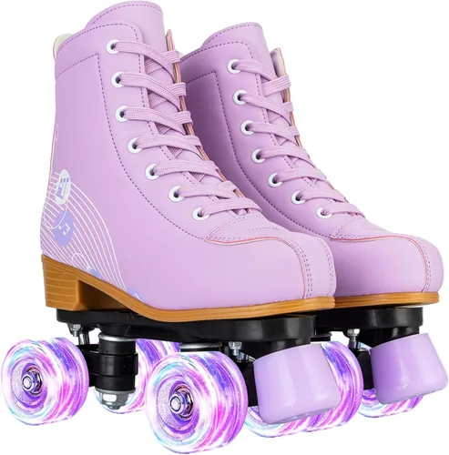 Miniatura 9 de YYW Patines para niñas y mujeres, fantásticos patines de piel sintética rosa y morado con luz para niños y jóvenes, para interiores y exteriores