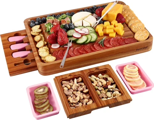 Miniatura 10 de hecef Juego de tablas de queso de madera de acacia, tabla grande para charcutería con juego de cuchillos de acero inoxidable, servidor de madera