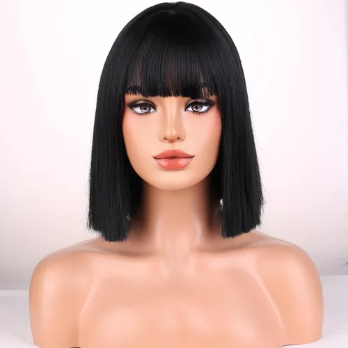 Miniatura 2 de Pelucas negras para mujeres y niñas, peluca corta y recta negra con flequillo, pelucas sintéticas resistentes al calor, para fiestas de disfraces