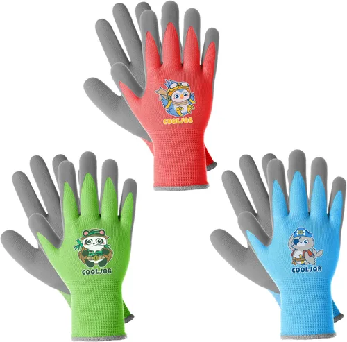 COOLJOB 3 pares de guantes de jardinería para niños de 6 a 8 años, guantes de trabajo con revestimiento de goma antideslizante para niños pequeños y