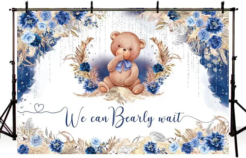 Miniatura 4 de AIBIIN Telón de fondo bohemio para baby shower de 10 x 7 pies para niño, We Can Bearly Wait Oh Baby, fondo de fotografía de flores azul real, hierba