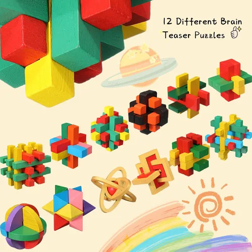 Miniatura 2 de Syhood Juego de 12 piezas de rompecabezas de madera para el cerebro 3D IQ Challenge Toy Games Logic Mind Smart Puzzle Box Lock Toy Brain Teaser