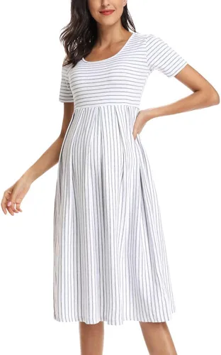 Miniatura 3 de BBHoping Vestido de maternidad casual a rayas para mujer, manga corta y 34, longitud hasta la rodilla, ropa de embarazo para baby shower