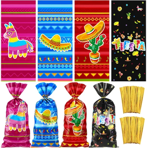 Eaasty 120 bolsas de celofán mexicano, bolsas de dulces mexicanos, bolsas de golosinas de Cinco de Mayo, recuerdos de fiesta con 150 lazos dorados