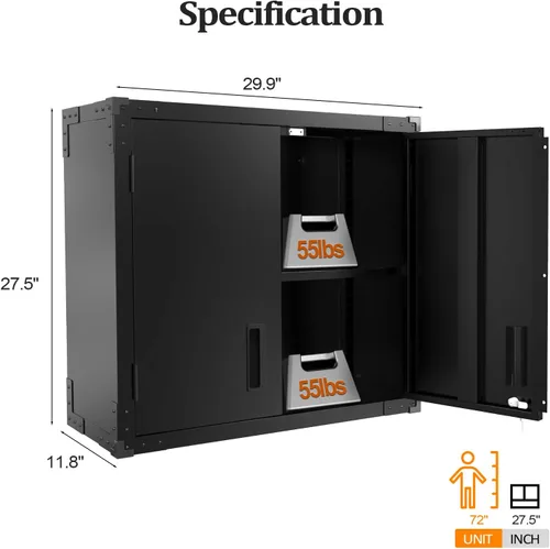 Miniatura 3 de VINGLI Armario de Pared para Garaje con Puertas con Cerradura y Estante Ajustable, Gabinete de Pared de Metal, Gabinete de Almacenamiento Superior