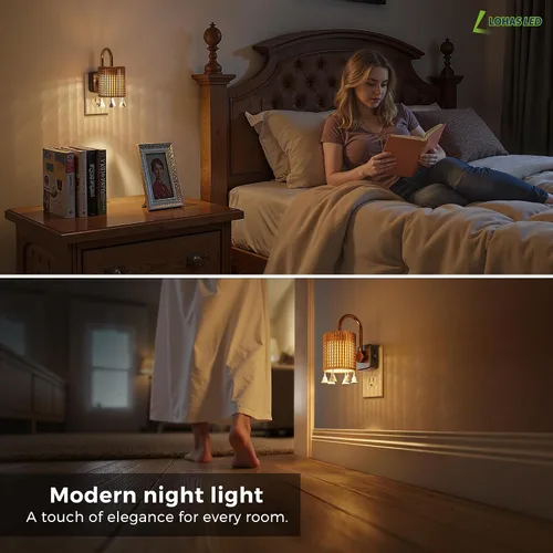 Miniatura 6 de L LOHAS LED Luces Nocturnas Enchufables en la Pared, Luz Nocturna Decorativa de Cilindro de Tela Boho con Borla, Sensor de Crepúsculo a Amanecer
