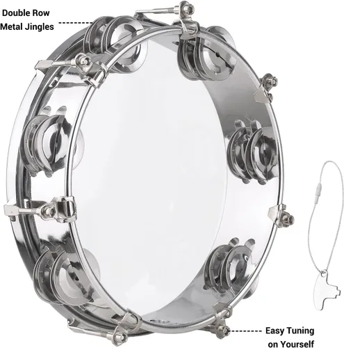 Miniatura 3 de Mancuerna de pandereta de 10 pulgadas para adultos, tambor de mano con doble fila, 14 platillos de metal, jingles, instrumento de percusión