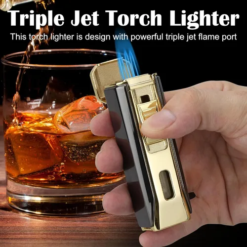 Miniatura 4 de Encendedor de llama triple jet con punzón y soporte, linterna multifuncional resistente al viento, encendedor de butano recargable, caja de regalo