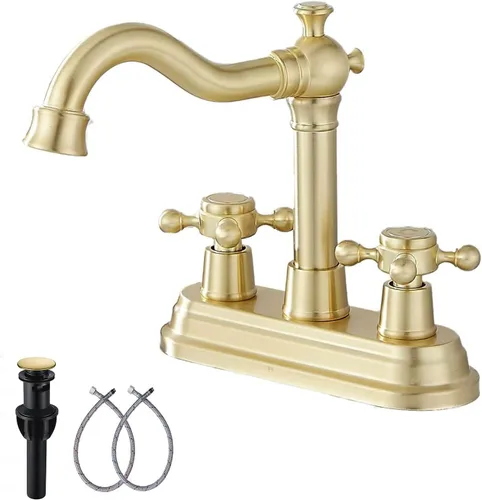 Miniatura 17 de Grifo de baño negro mate con 2 asas de 4 pulgadas, juego central de tocador de baño negro con montaje de drenaje y manguera de suministro grifo
