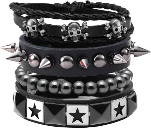 Miniatura 8 de MILAKOO Juego de 4 pulseras de estilo gótico con hebilla de calavera y estrella, ajustable, joyería punk vintage
