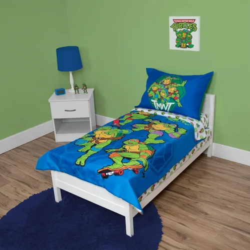 TEENAGE MUTANT NINJA Turtles - Juego de ropa de cama infantil de 4 piezas, incluye edredón, juego de sábanas, sábana bajera, sábana superior + funda