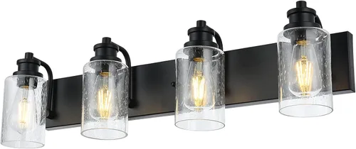 Miniatura 11 de Lámpara de baño vintage de 3 cabezales en acabado negro mate, pantalla de vidrio transparente clásica, iluminación de baño sobre espejo, lámpara