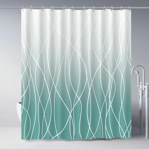Miniatura 54 de Juego de cortinas de ducha azul egeo para baño con ganchos, cortinas de baño decorativas repelentes al agua y lavables con rayas blancas, 72 x 72