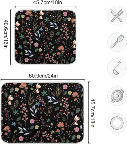 Miniatura 3 de Tapete de secado de platos de flores de fondo negro para encimera de cocina de 18 x 24 pulgadas, tapete de microfibra absorbente, tapete de secado