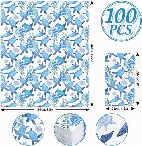 Miniatura 2 de 100 servilletas de papel desechables con diseño de tortuga y océano, color azul océano, animales marinos, cenas, toallas de mano para verano, playa