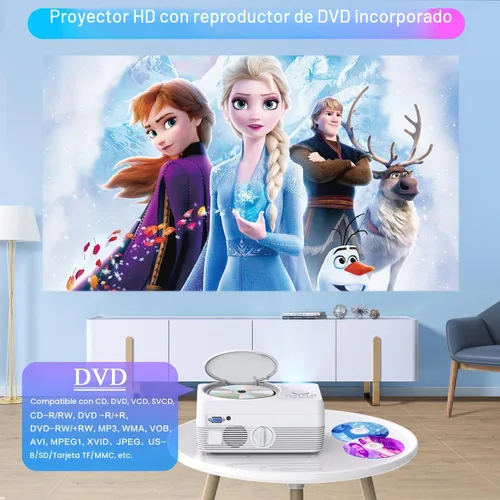 Miniatura 2 de Proyector Bluetooth Full HD WiFi Reproductor de DVD integrado, 12000LM 1080P compatible, mini proyector de DVD portátil para películas al aire Blanco