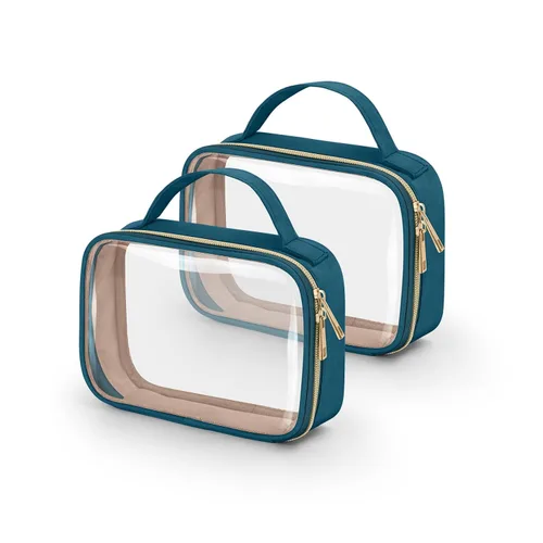 Miniatura 23 de Bolsa de aseo transparente Wedama, paquete de 2 bolsas de maquillaje transparentes con asas, bolsas cosméticas de PVC para mujeres y hombres, bolsas