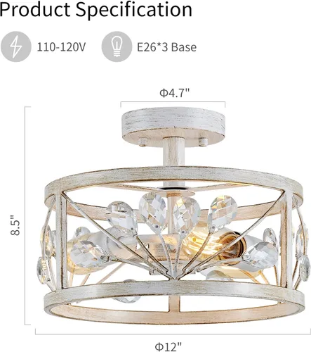Miniatura 2 de WUZUPS Lámpara de araña de cristal con 3 luces, estilo vintage, estilo granja, industrial, semiempotrada, para vestíbulo, pasillo, almacenamiento