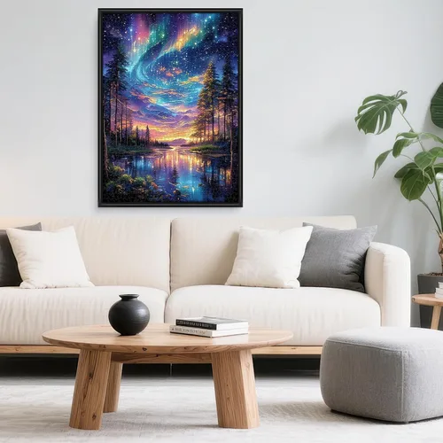 Miniatura 6 de Rompecabezas de 1000 piezas para adultos – "Bosque de Aurora Cósmica" rompecabezas psicodélico de arte de cielo nocturno, paisaje de aurora boreal