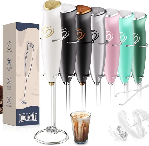 Miniatura 17 de Espumador de leche de mano, mezclador de bebidas, agitador de café de mano, espumador eléctrico para mezclador de café, varita con 2 batidores