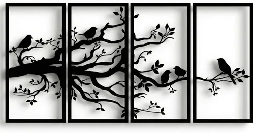 DEKADRON Arte de pared de metal, árbol de la vida, 4 paneles, arte de pared de pájaros y ramas de metal, letrero de árbol, decoración de pared de