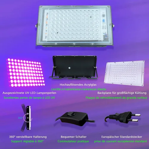 Miniatura 6 de Glostars Luz LED negra UV de 100 W, potente foco UV, IP66, lámpara de 395 nm para Navidad, fiesta de Halloween (2 paquetes)