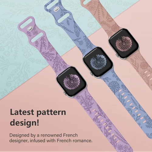 Miniatura 2 de Paquete de 3 correas grabadas con flores compatibles con Apple Watch de 1.496 pulgadas, 1.575 pulgadas, 1.614 pulgadas, 1.654 pulgadas, 1.732