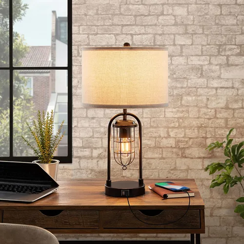 Miniatura 3 de Juego de 2 lámparas de mesa de granja con puertos USB y luz nocturna, lámpara moderna para mesita de noche para sala de estar y dormitorio
