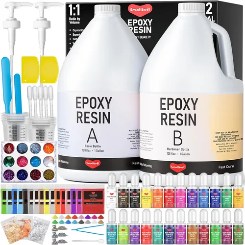 Smallbudi Kit de resina epoxi de 2 galones con bomba, pigmento de resina, polvo de mica, lámina dorada, tazas y palo, suministros para principiantes
