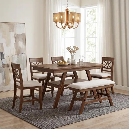 Miniatura 29 de Juego de mesa de comedor compacto de 6 piezas, juego de mesa de comedor de cocina de madera maciza con 4 sillas ergonómicas acolchadas y banco, mesa