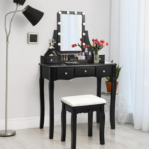 Miniatura 9 de LDAILY Juego de mesa de tocador con 10 luces LED, tocador de maquillaje con espejo cuadrado iluminado giratorio de 360°, taburete acolchado y 5