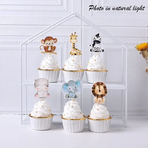 Miniatura 3 de 36 piezas de decoración para cupcakes de animales de la jungla, león, mono, cebra, hipopótamo, jirafa, elefante, temática de bosque, púas