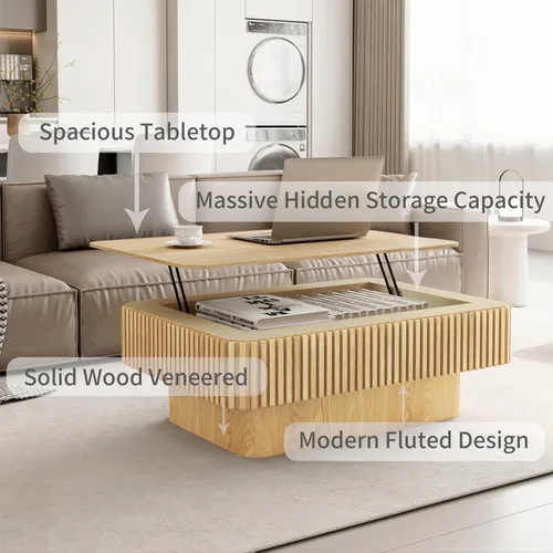 Miniatura 5 de LKTART Mesa de Centro con Tapa Elevable para Sala de Estar, Mesa de Centro Acanalada de Acento con Almacenamiento, Mesa de Té Central Rectangular